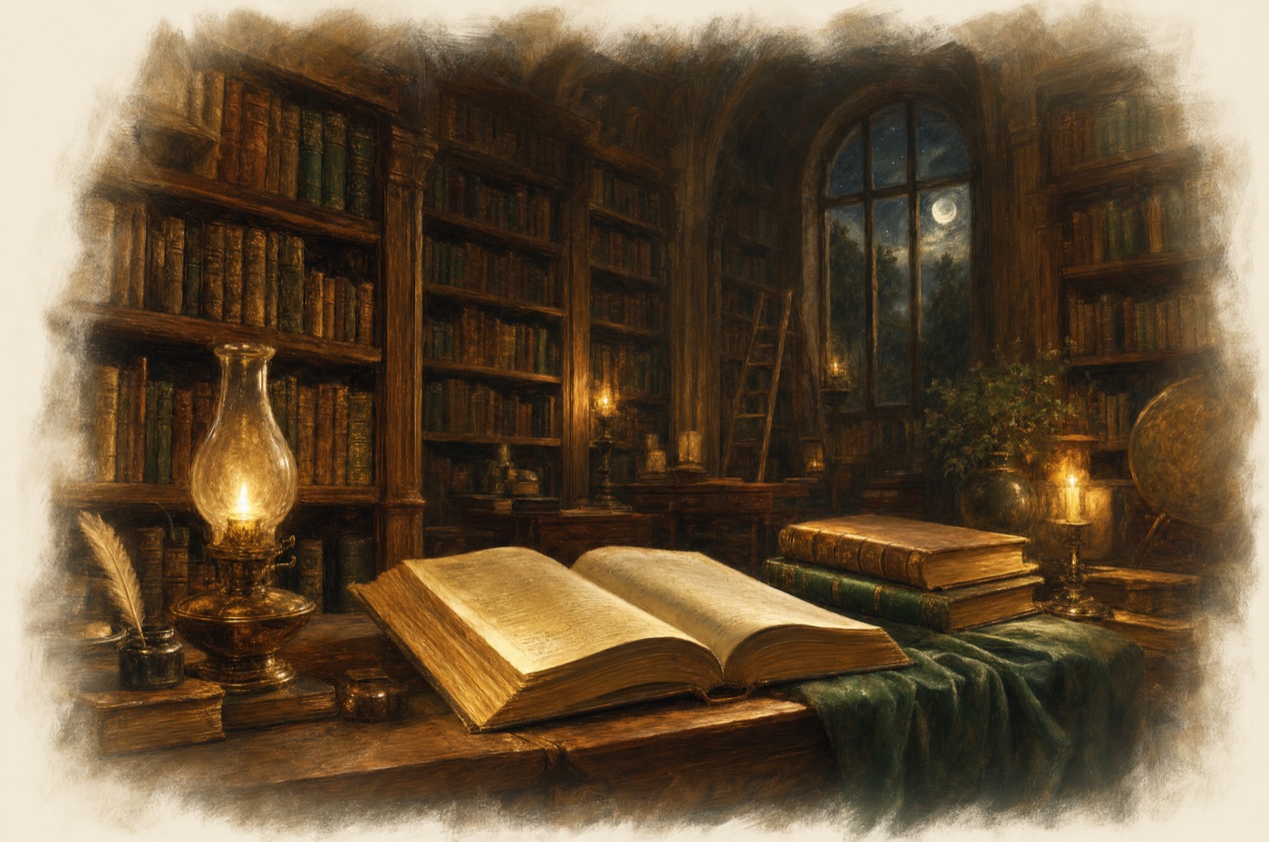 A lamplit scholar's library at night, an open book glowing under a brass lamp